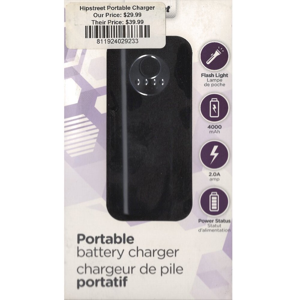 NEW Hipstreet Portable Battery Charger/Power Pack 4,000 mAh with LED flashlight
